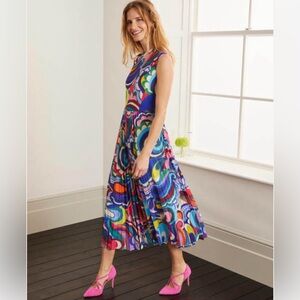 Boden Jocelyn Watercolor Floral Retro Swirl Pleated Midi Dress Sz 14 EUC